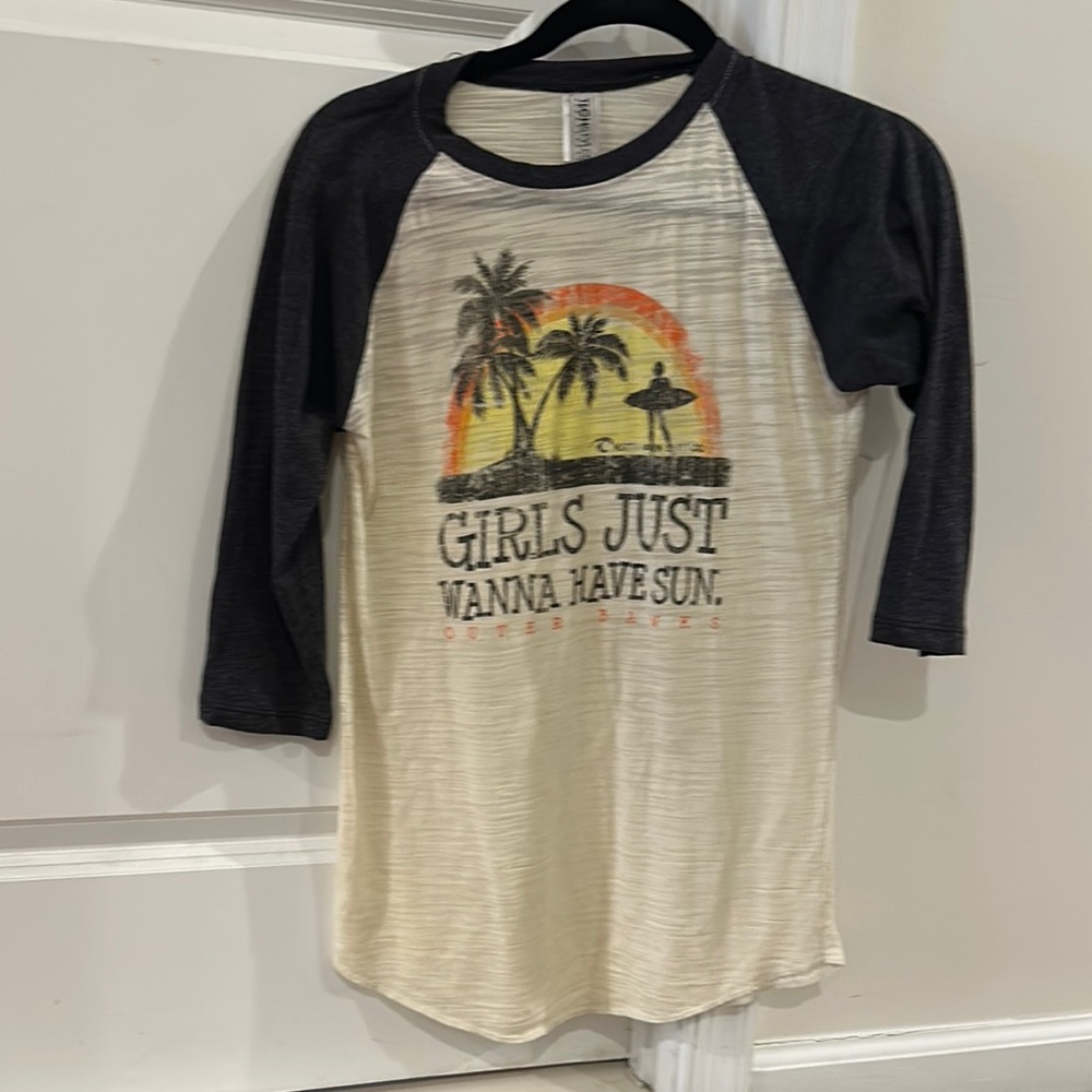 Cream and Black Long Sleeve Tee with Tropical Graphic
